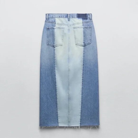 ZARA Patchwork Denim Jean Side Slit Skirt NWT Size XS - Picture 4 of 6